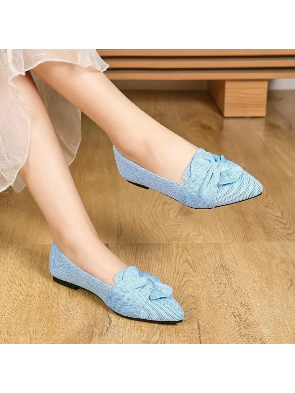 Women's Light Blue Pointed Toe Ballet Flat with Bow Comfortable Knit Dressy Shoe